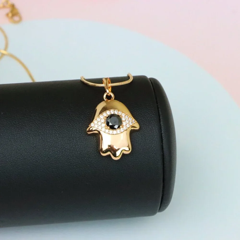"Black Evil Eye Hamsa Pendant in Gold Plated Brass – Bold  Amulet, XPPT1756 - Picture 4 of 13